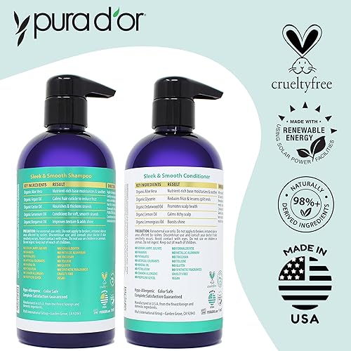 PURA DOR SLEEK SMOOTH SHAMPOO CONDITIONER SET FOR FRIZZ-FREE HAIR WITH ORGANIC OILS, 16OZ