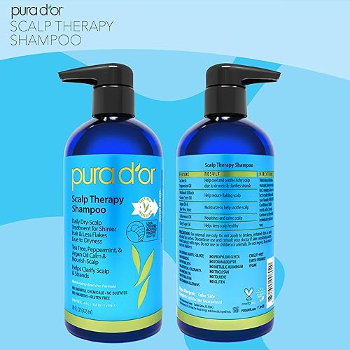 PURA DOR THERAPY SHAMPOO 16OZ HYDRATING SCALP CARE FOR ITCHY, FLAKY SCALP WITH TEA TREE ARGAN OIL