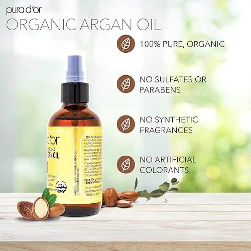 PURA DOR ORGANIC MOROCCAN ARGAN OIL 4OZ 100 PURE COLD-PRESSED FOR HAIR, SKIN, FACE, NAILS CUTICLES