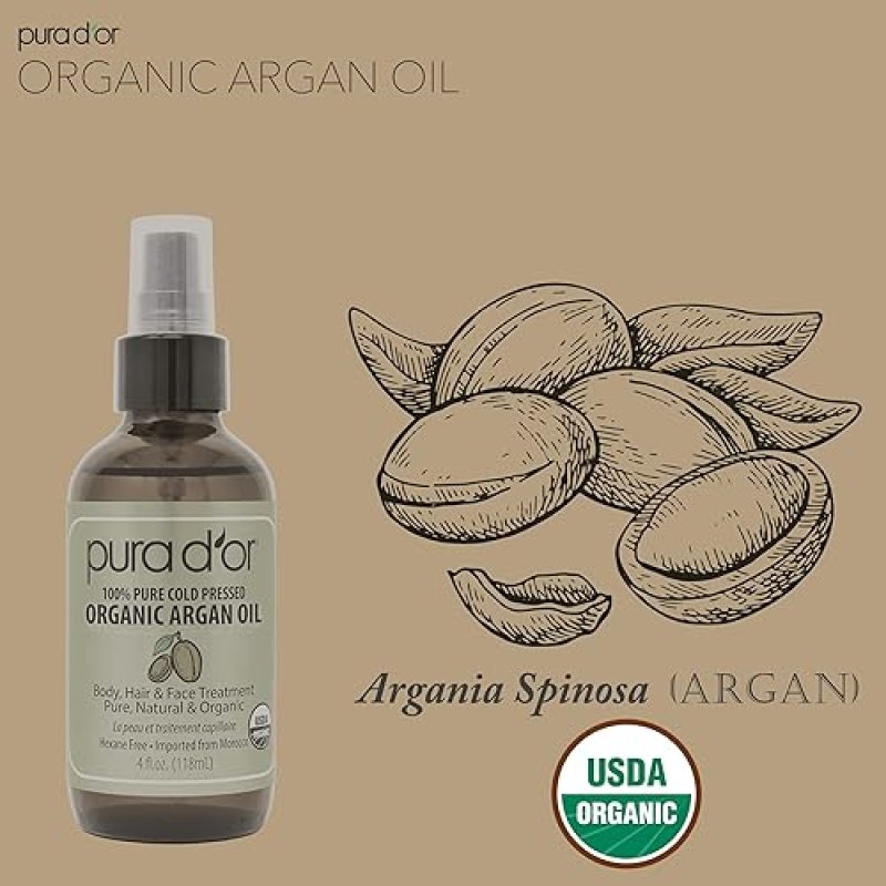 PURA DOR ORGANIC MOROCCAN ARGAN OIL 4OZ 100 PURE COLD-PRESSED FOR HAIR, SKIN, FACE, NAILS CUTICLES