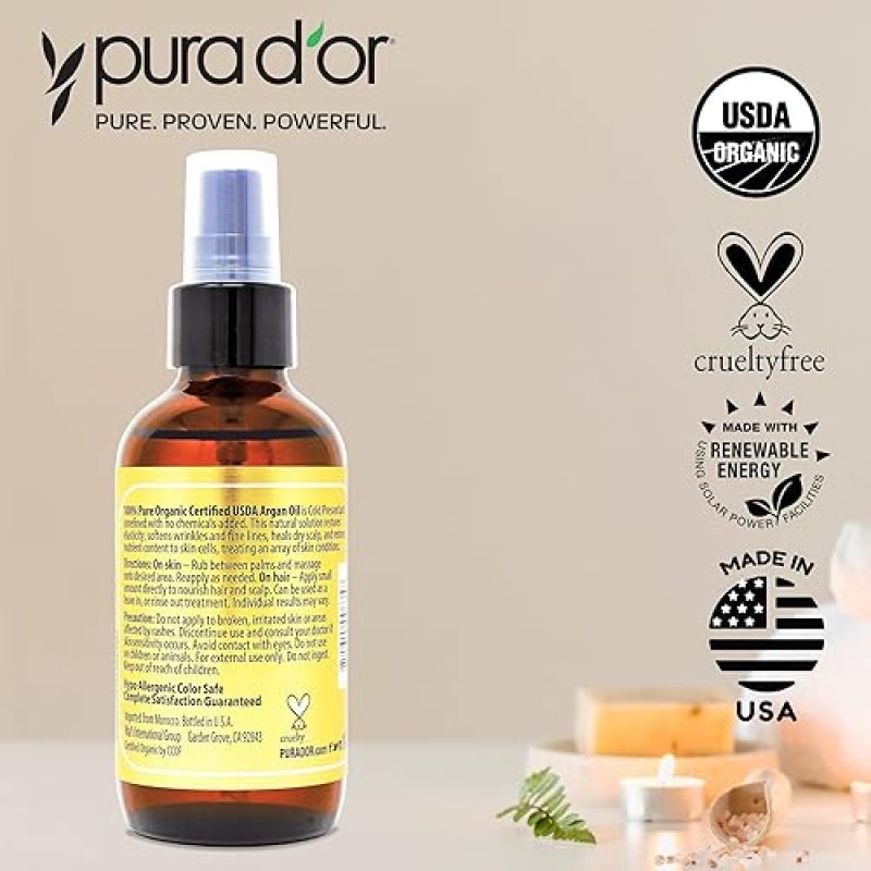 PURA DOR ORGANIC MOROCCAN ARGAN OIL 4OZ 100 PURE COLD-PRESSED FOR HAIR, SKIN, FACE, NAILS CUTICLES