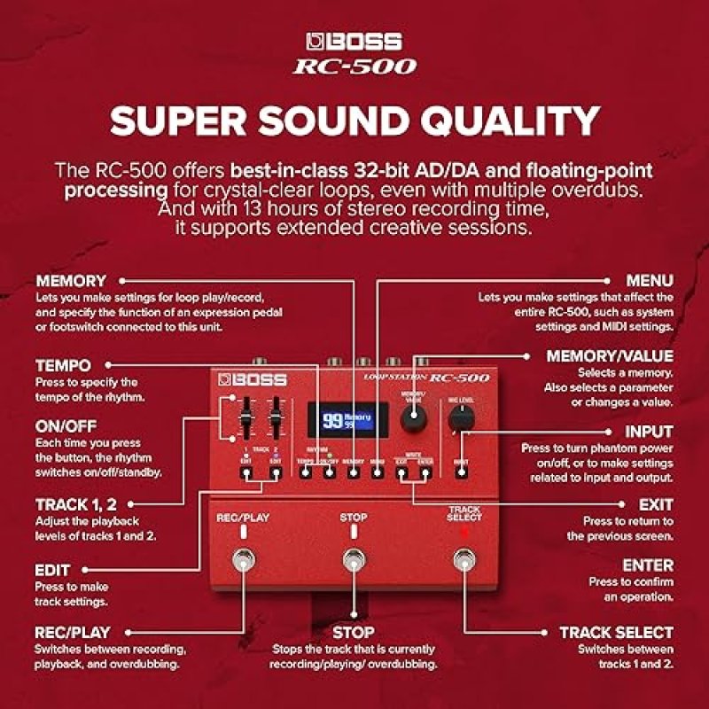 BOSS RC-500 LOOP STATION 2-TRACK LOOPER, 16 DRUM KITS, 13H RECORDING, ONBOARD MIXING, PRO SOUND