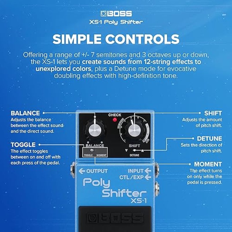BOSS XS-1 POLY SHIFTER PITCH PEDAL COMPACT, NATURAL PITCH SHIFT FOR GUITAR BASS, 7 SEMITONES 3 OCTAV