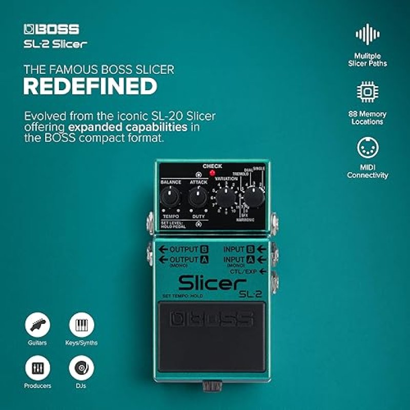 BOSS SL-2 SLICER COMPACT STEREO PEDAL FOR GUITAR, KEYBOARD DJ 88 PATTERNS, PULSATING GROOVES