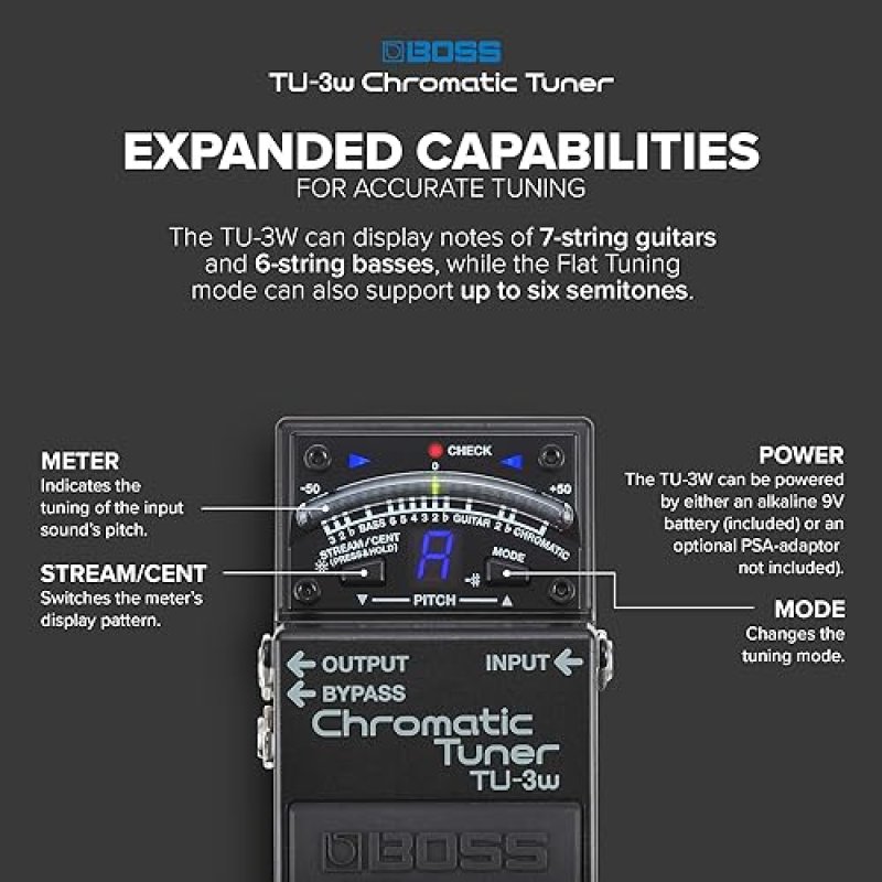 BOSS TU-3W WAZA CRAFT CHROMATIC TUNER PEDAL FOR GUITAR BASS, 21-LED METER, ACCU-PITCH, PRO QUALITY
