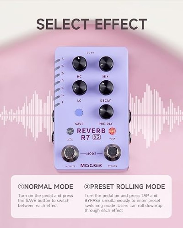 MOOER R7 X2 STEREO MULTI REVERB PEDAL 14 TYPES, HIGH LOW CUT, INFINITE TRAIL-ON FUNCTIONS