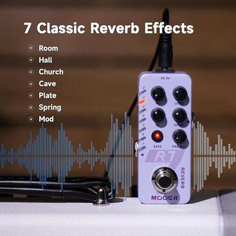 MOOER R7 GUITAR REVERB PEDAL 7 CLASSIC REVERB TYPES, PRESETS, HIGH LOW CUT, TRAIL ON, BUFFER BYPASS