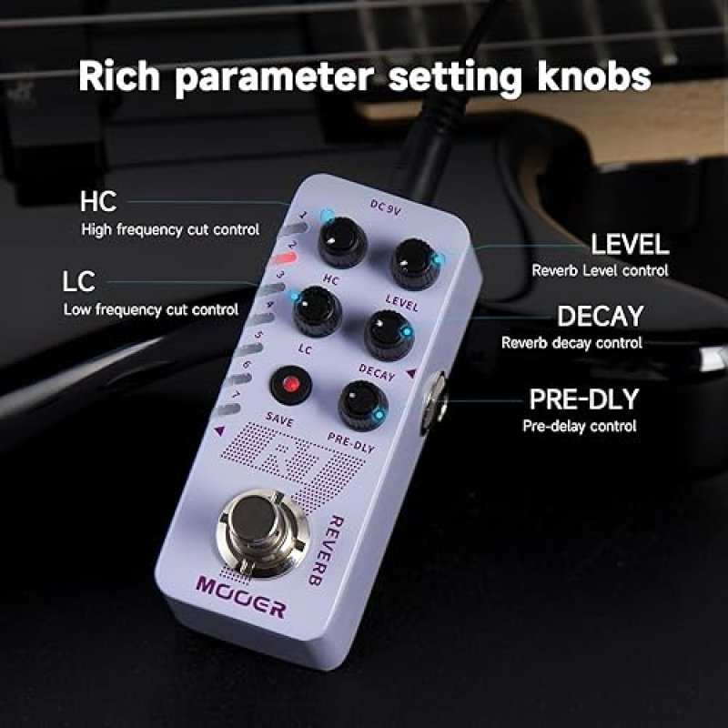 MOOER R7 GUITAR REVERB PEDAL 7 CLASSIC REVERB TYPES, PRESETS, HIGH LOW CUT, TRAIL ON, BUFFER BYPASS