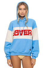 AVIATOR NATION LOVER EMBROIDERY COLOR BLOCK PULLOVER HOODIE RELAXED - SKY // VINTAGE WHITE