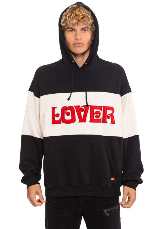 AVIATOR NATION LOVER EMBROIDERY COLOR BLOCK PULLOVER HOODIE RELAXED - BLACK // VINTAGE WHITE