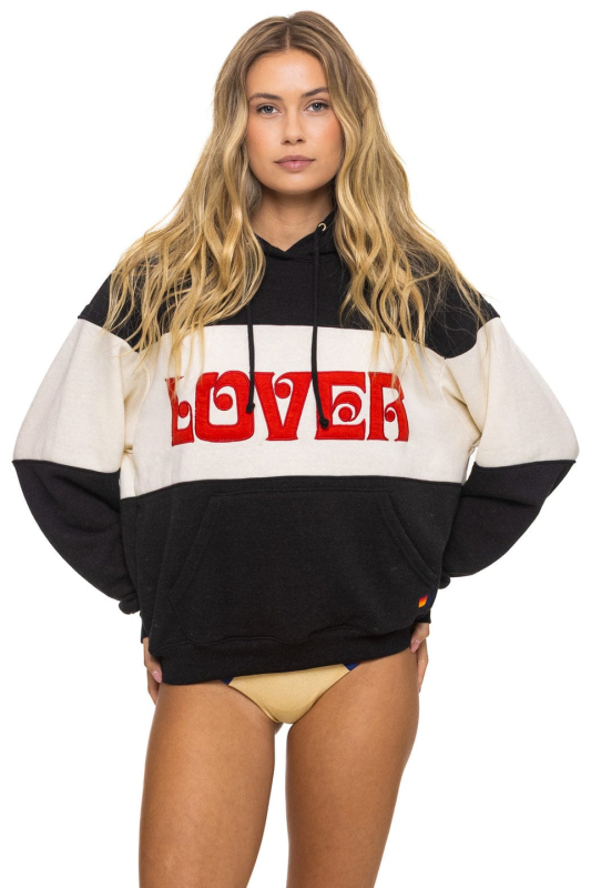 AVIATOR NATION LOVER EMBROIDERY COLOR BLOCK PULLOVER HOODIE RELAXED - BLACK // VINTAGE WHITE