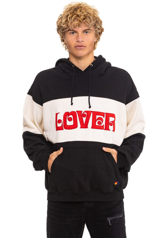 AVIATOR NATION LOVER EMBROIDERY COLOR BLOCK PULLOVER HOODIE RELAXED - BLACK // VINTAGE WHITE