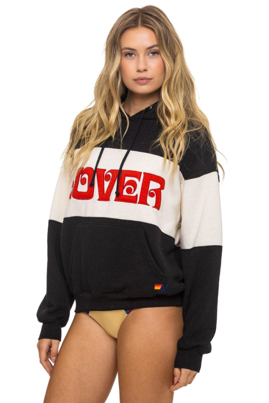 AVIATOR NATION LOVER EMBROIDERY COLOR BLOCK PULLOVER HOODIE RELAXED - BLACK // VINTAGE WHITE