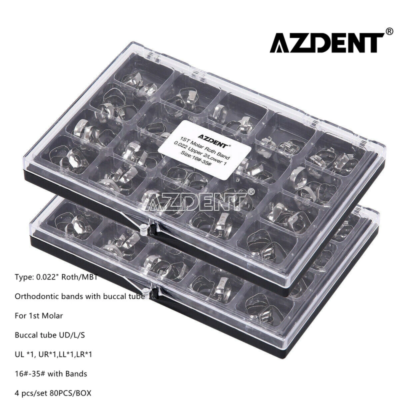 AZDENT DENTAL ORTHODONTIC BANDS W+ BUCCAL TUBE 1ST MOLAR ROTH//MBT 022" 16#-35#