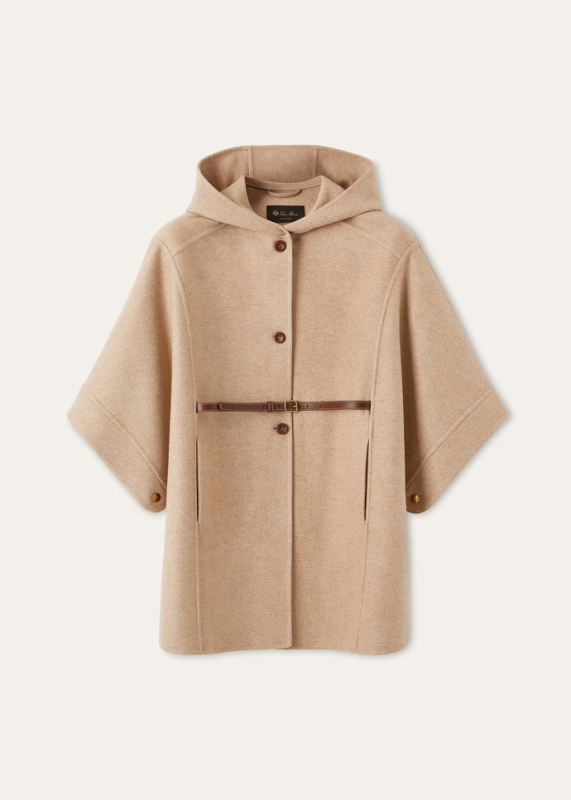 LORO PIANA JOHANN CAPE  WISH® WOOL, CASHMERE LIGHT BROWN/WHITE HERRINGBONE