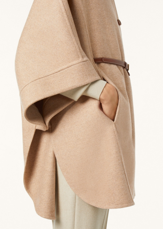 LORO PIANA JOHANN CAPE  WISH® WOOL, CASHMERE LIGHT BROWN/WHITE HERRINGBONE