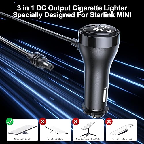 STARLINK MINI 16AWG WATERPROOF DC CABLE WITH SWITCH CIGARETTE LIGHTER ADAPTER 12V-48V 10FT