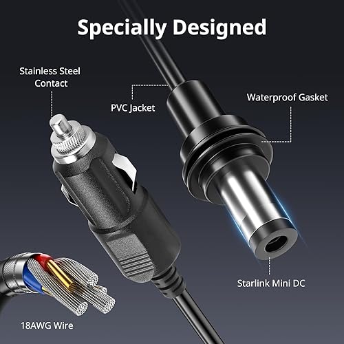 STARLINK MINI CABLE 18AWG WATERPROOF 12V-24V CAR POWER CORD FOR TRUCKS RVS SHIPS