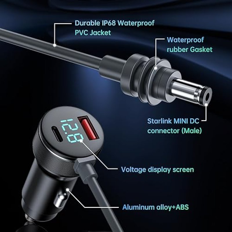 STARLINK MINI 10FT USB C A HIGH-SPEED CAR CHARGER CABLE 12-48V WATERPROOF ADAPTER