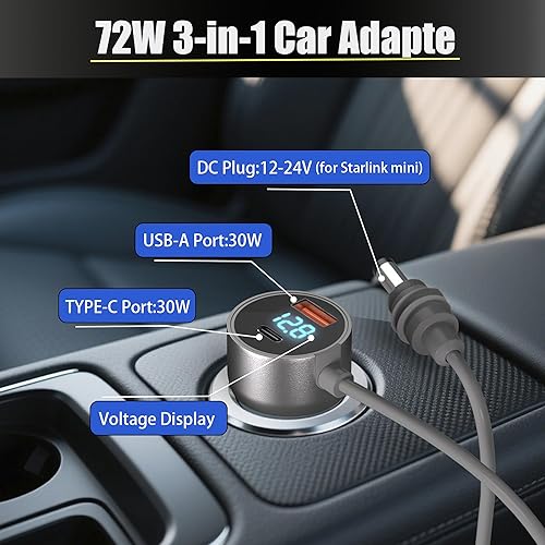 STARLINK MINI 10FT POWER CORD 12V-24V WITH CAR CHARGER VOLTAGE DISPLAY FOR CAR RV SUV SHIP