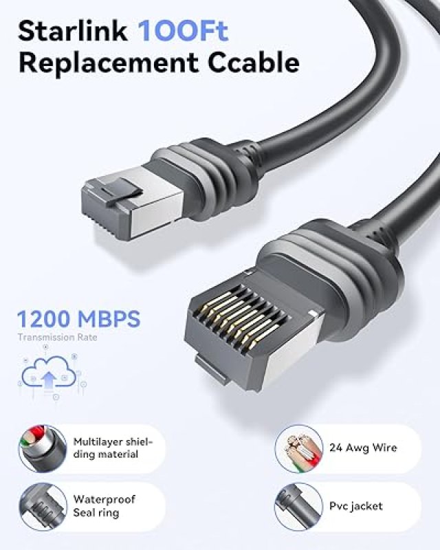 STARLINK GEN 3 100FT WATERPROOF ETHERNET CABLE DURABLE ROUTER EXTENSION FOR INDOOR OUTDOOR