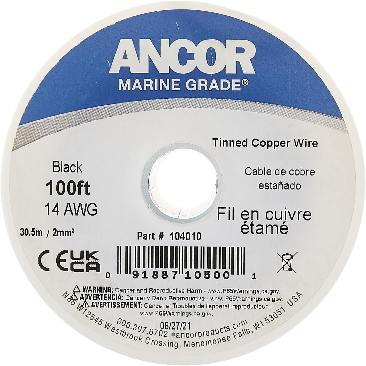 ANCOR MARINE 104010 TINNED COPPER WIRE, 14 AWG (2MM2), BLACK - 100FT