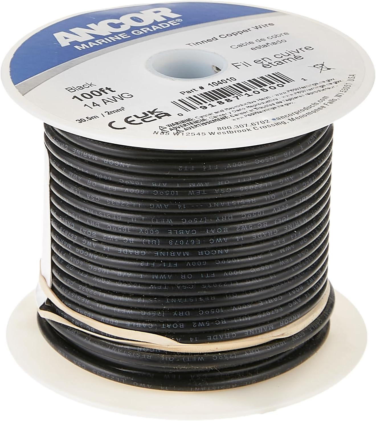 ANCOR MARINE  102010 TINNED COPPER WIRE, 16 AWG (1MM2), BLACK - 100FT