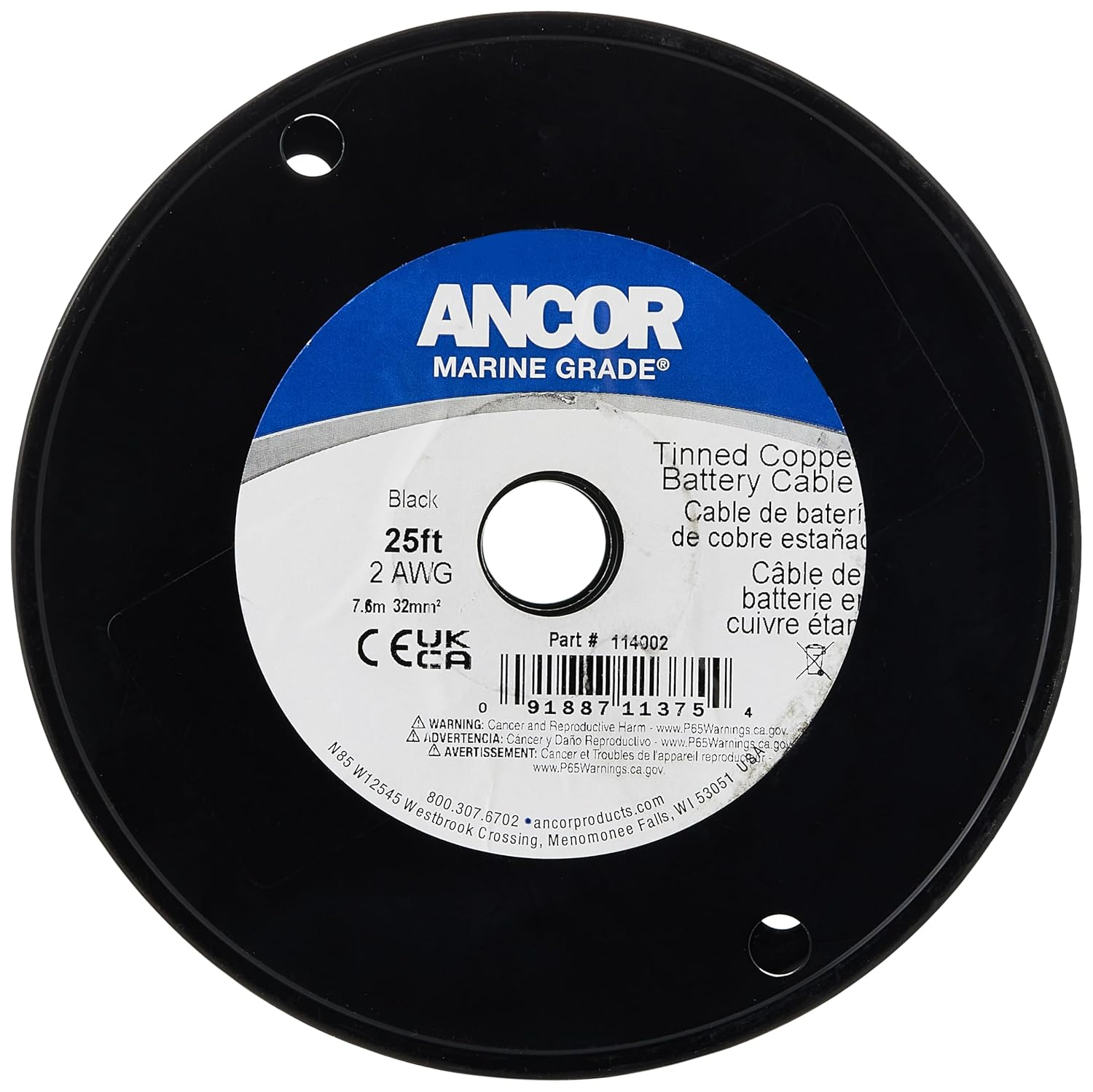 ANCOR MARINE 114002 TINNED COPPER BATTERY CABLE, 2 AWG (32MM2), BLACK - 25FT