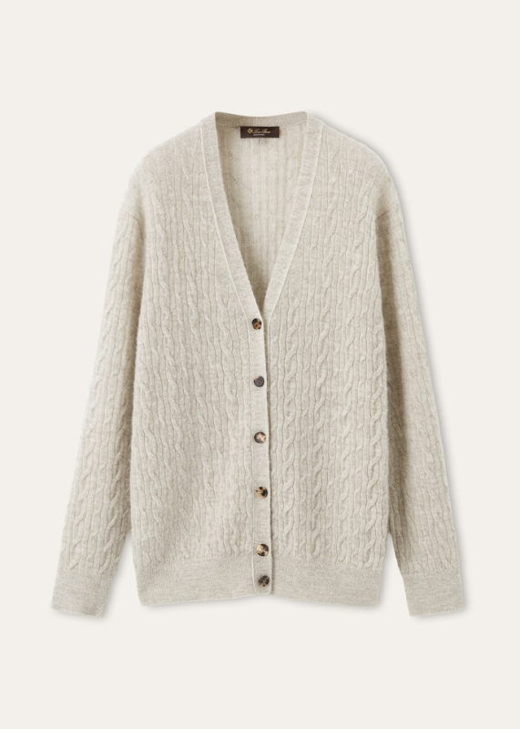 LORO PIANA WALNUT CARDIGAN  PECORA NERA®, CASHMERE, SILK CREAMY SKY/WHITE SNOW