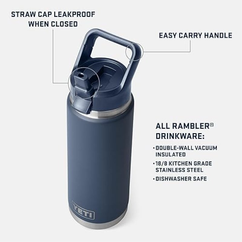 YETI RAMBLER 26 OZ STAINLESS STEEL VACUUM INSULATED BOTTLE WITH COLOR MATCHING STRAW CAP