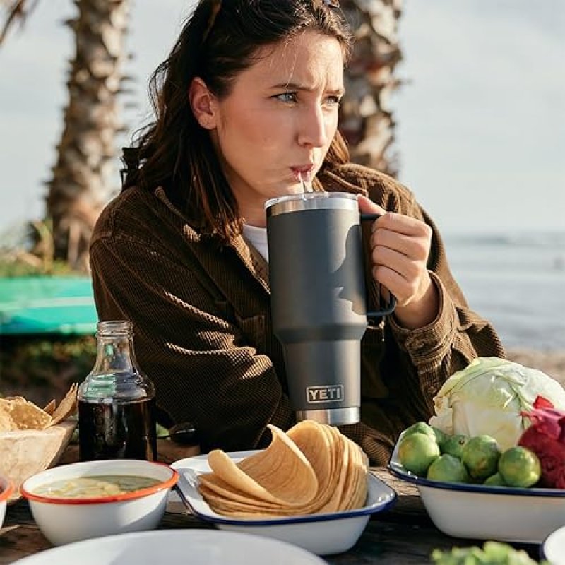 YETI RAMBLER 42 OZ VACUUM INSULATED TRAVEL TUMBLER WITH HANDLE STRAW LID, STAINLESS STEEL