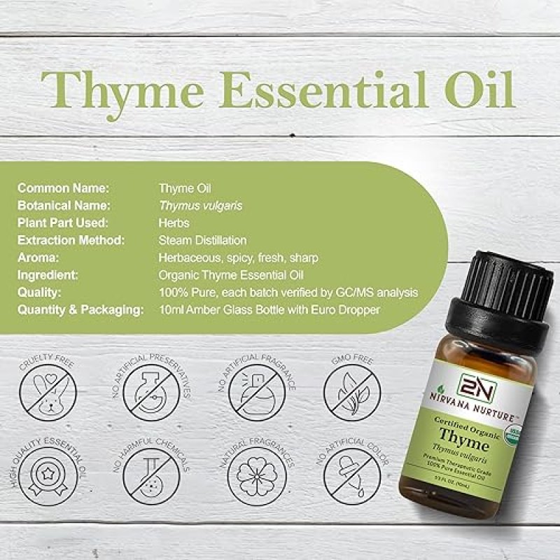 NIRVANA NURTURE USDA ORGANIC THYME ESSENTIAL OIL - 100 PURE, NATURAL, PREMIUM GRADE, UNDILUTED