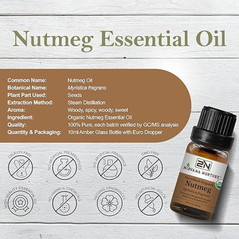 NIRVANA NURTURE NUTMEG ESSENTIAL OIL USDA ORGANIC 100 PURE NATURAL PREMIUM GRADE UNDILUTED