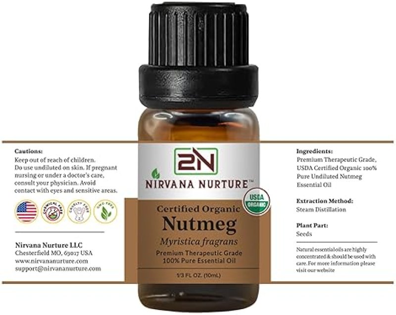 NIRVANA NURTURE NUTMEG ESSENTIAL OIL USDA ORGANIC 100 PURE NATURAL PREMIUM GRADE UNDILUTED