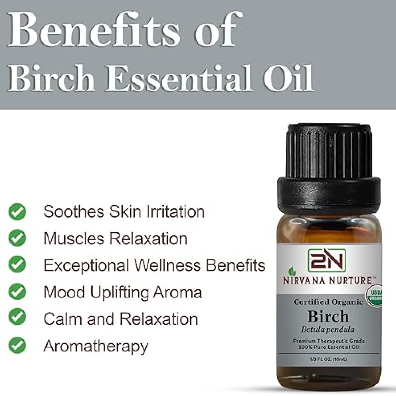 NIRVANA NURTURE USDA ORGANIC BIRCH ESSENTIAL OIL 100 PURE, NATURAL, PREMIUM GRADE, UNDILUTED