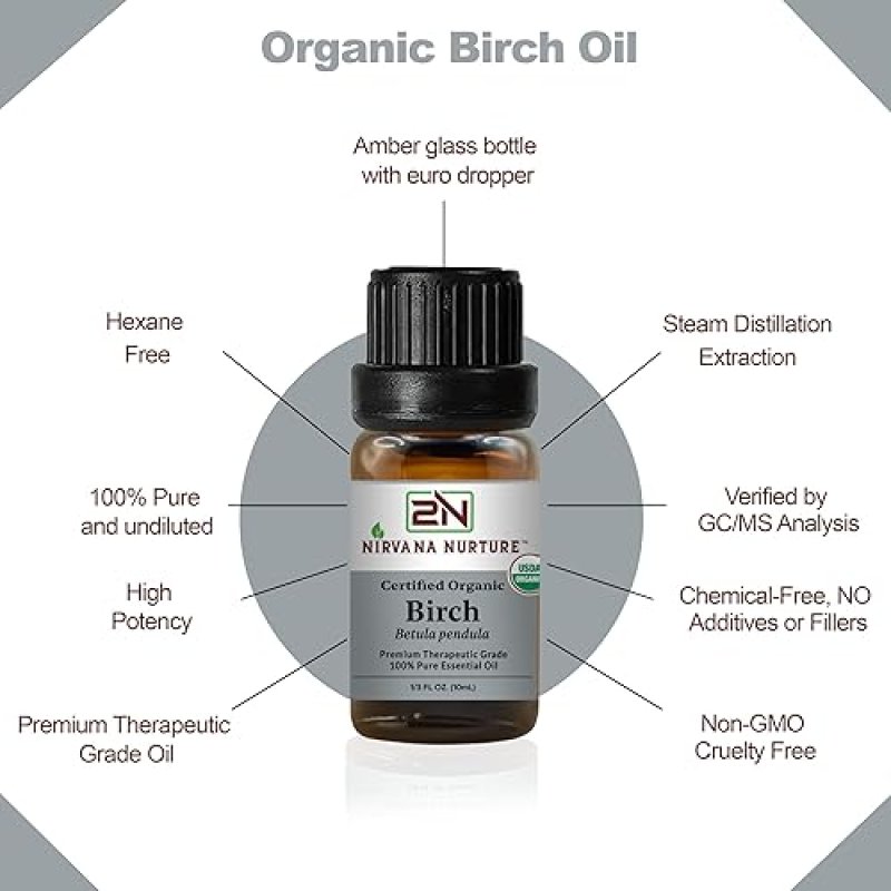 NIRVANA NURTURE USDA ORGANIC BIRCH ESSENTIAL OIL 100 PURE, NATURAL, PREMIUM GRADE, UNDILUTED