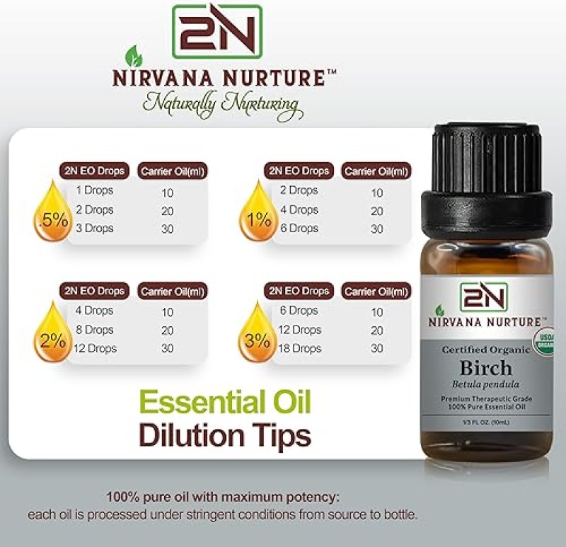 NIRVANA NURTURE USDA ORGANIC BIRCH ESSENTIAL OIL 100 PURE, NATURAL, PREMIUM GRADE, UNDILUTED