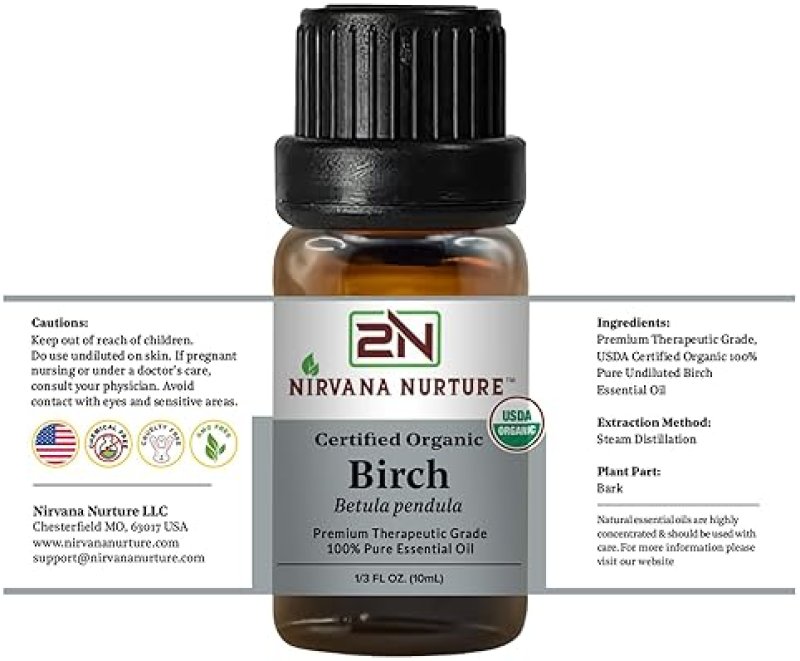 NIRVANA NURTURE USDA ORGANIC BIRCH ESSENTIAL OIL 100 PURE, NATURAL, PREMIUM GRADE, UNDILUTED