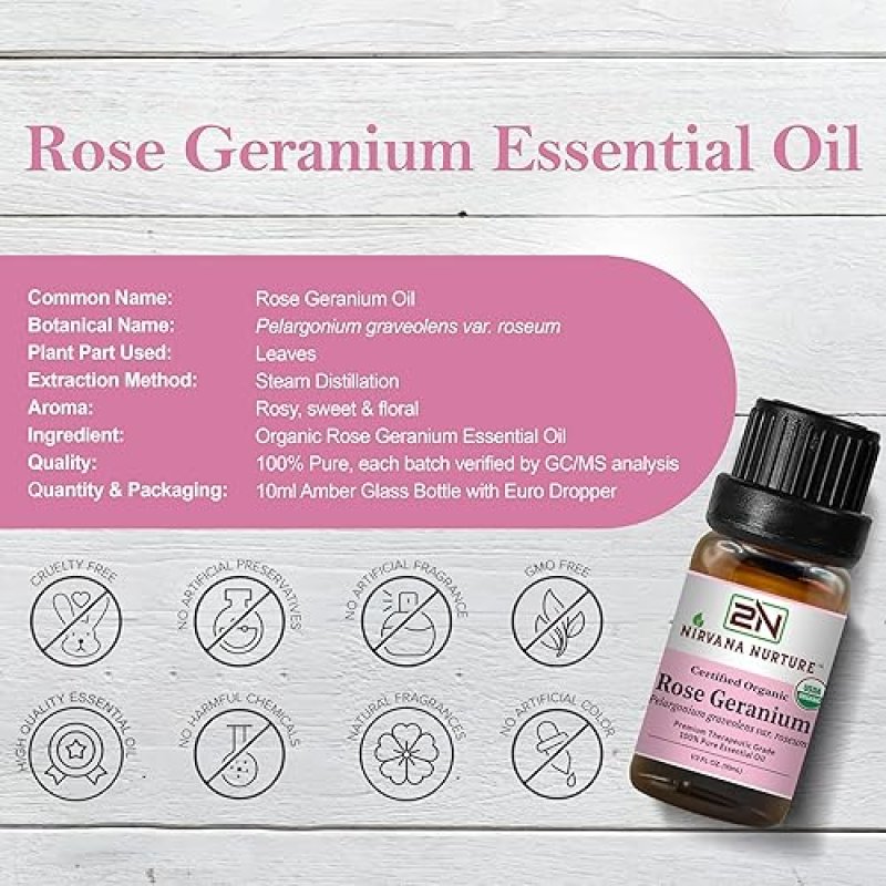 NIRVANA NURTURE USDA ORGANIC ROSE GERANIUM ESSENTIAL OIL - 100 PURE, NATURAL, PREMIUM GRADE, UNDILUTED