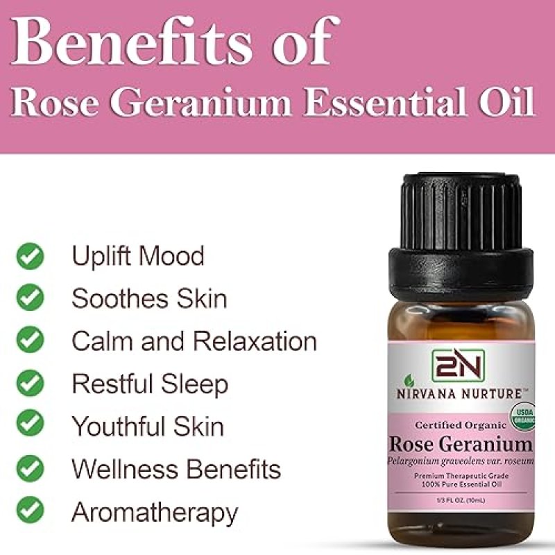 NIRVANA NURTURE USDA ORGANIC ROSE GERANIUM ESSENTIAL OIL - 100 PURE, NATURAL, PREMIUM GRADE, UNDILUTED