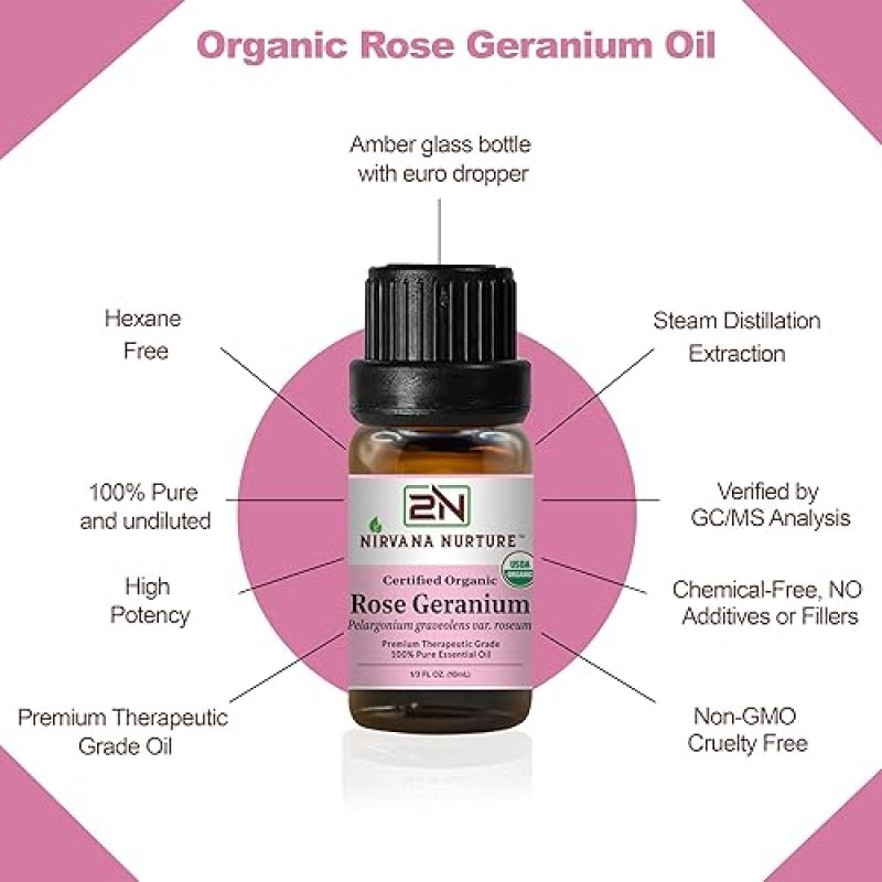 NIRVANA NURTURE USDA ORGANIC ROSE GERANIUM ESSENTIAL OIL - 100 PURE, NATURAL, PREMIUM GRADE, UNDILUTED