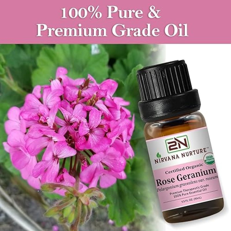 NIRVANA NURTURE USDA ORGANIC ROSE GERANIUM ESSENTIAL OIL - 100 PURE, NATURAL, PREMIUM GRADE, UNDILUTED