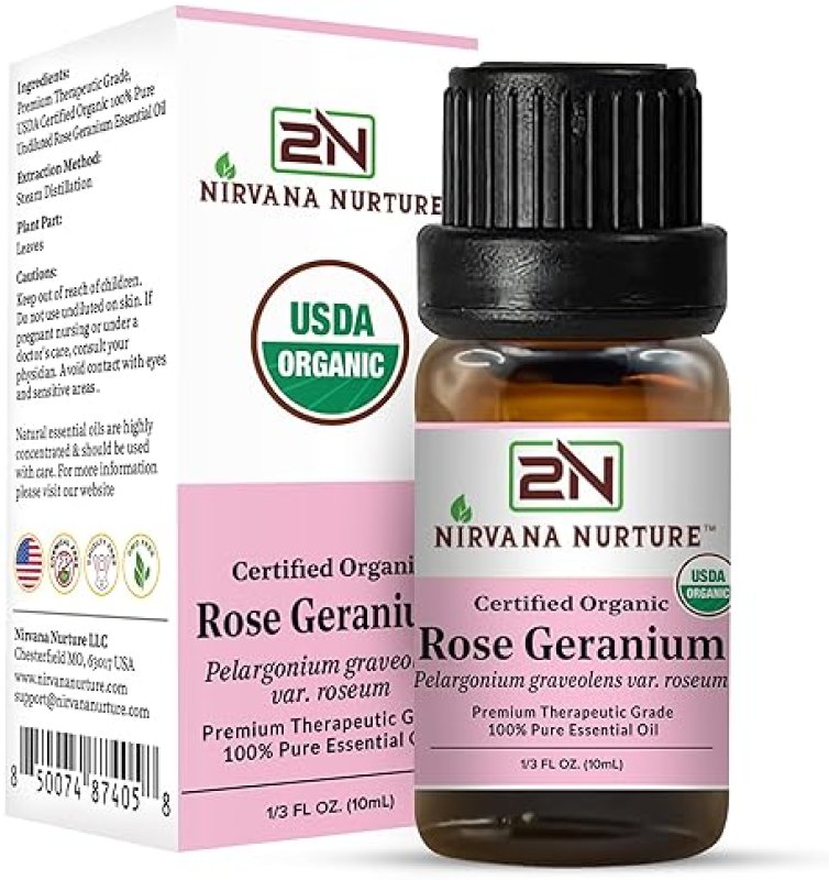 NIRVANA NURTURE USDA ORGANIC ROSE GERANIUM ESSENTIAL OIL - 100 PURE, NATURAL, PREMIUM GRADE, UNDILUTED