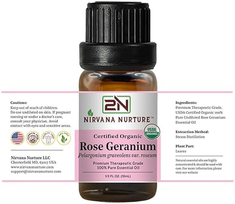 NIRVANA NURTURE USDA ORGANIC ROSE GERANIUM ESSENTIAL OIL - 100 PURE, NATURAL, PREMIUM GRADE, UNDILUTED