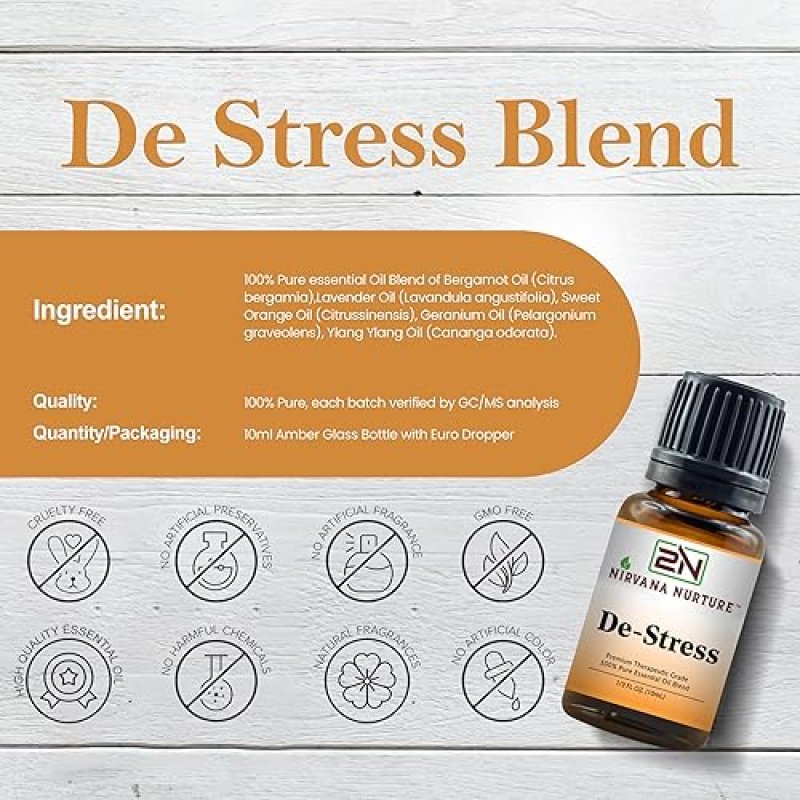 NIRVANA NURTURE DE STRESS BLEND 100 PURE NATURAL AROMATHERAPY OIL PREMIUM GRADE, UNDILUTED, MOOD BOOSTER