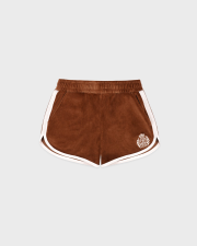 SPORTY&RICH NY CREST VELOUR TRACK SHORT - TOBACCO/WHITE