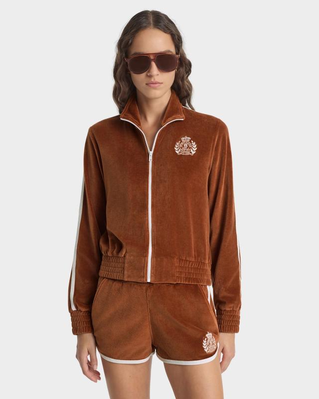 SPORTY&RICH NY CREST VELOUR TRACK SHORT - TOBACCO/WHITE