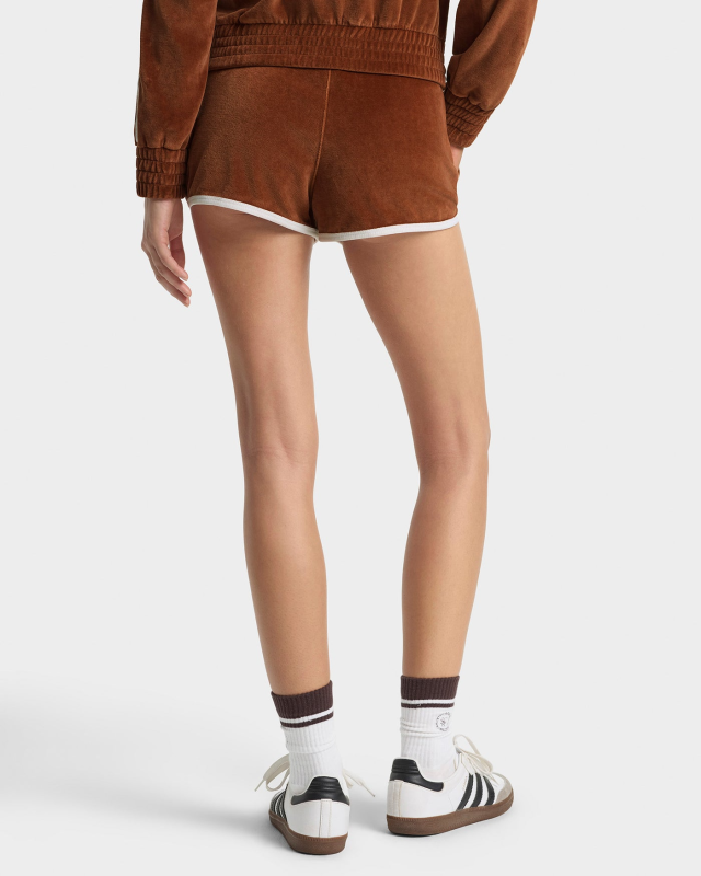 SPORTY&RICH NY CREST VELOUR TRACK SHORT - TOBACCO/WHITE