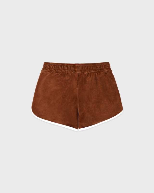 SPORTY&RICH NY CREST VELOUR TRACK SHORT - TOBACCO/WHITE