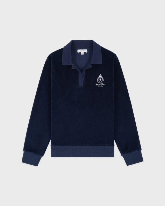 SPORTY&RICH CROWN TENNIS VELOUR POLO - NAVY/ECRU